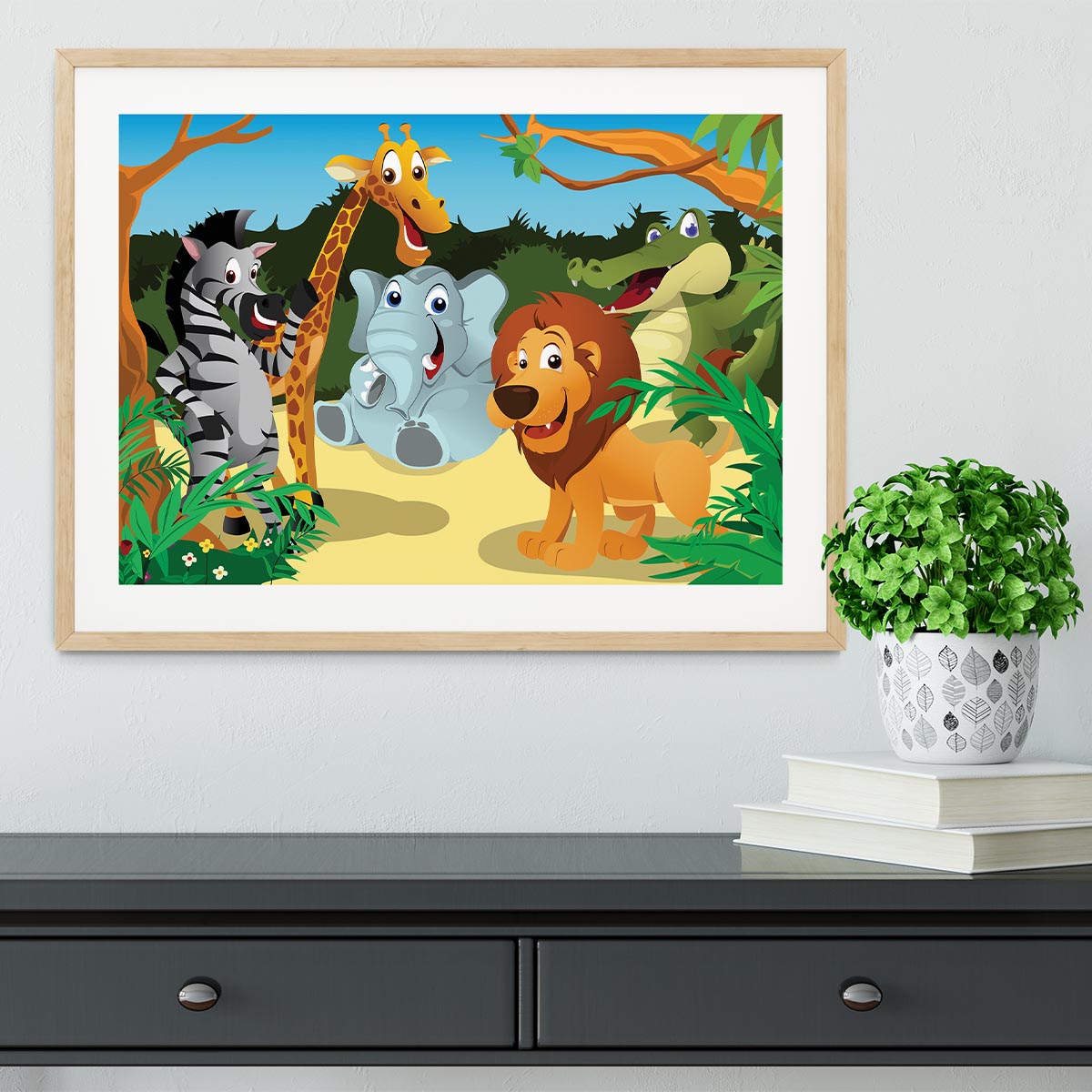 group of wild African animals in the jungle Framed Print - Canvas Art Rocks - 3