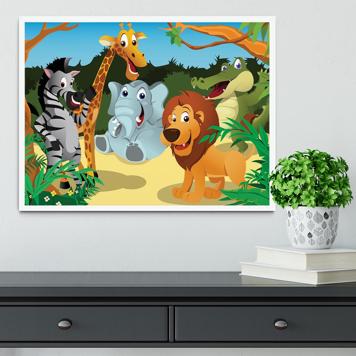 group of wild African animals in the jungle Framed Print - Canvas Art Rocks -6