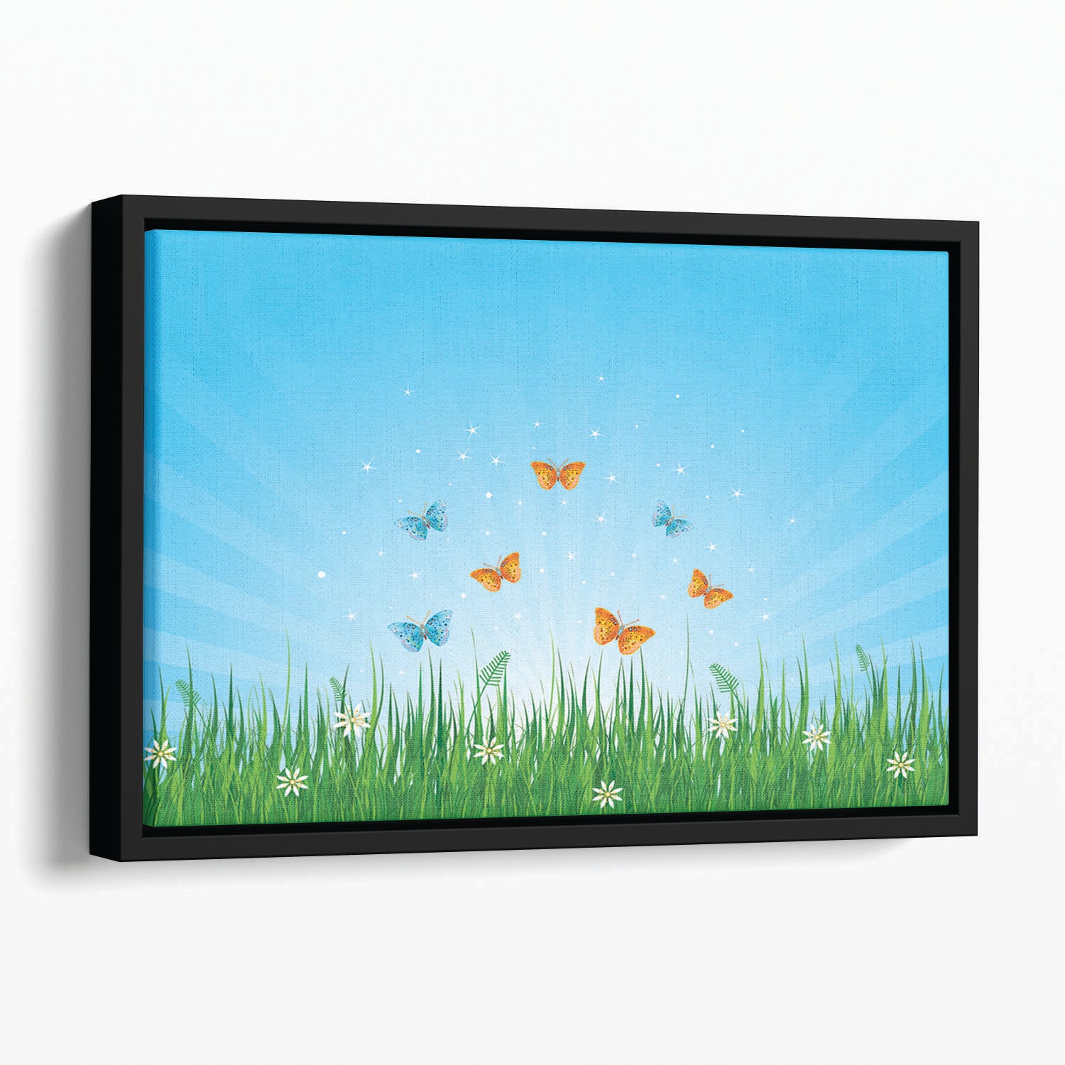 illustration of grassy field and butterflies Floating Framed Canvas