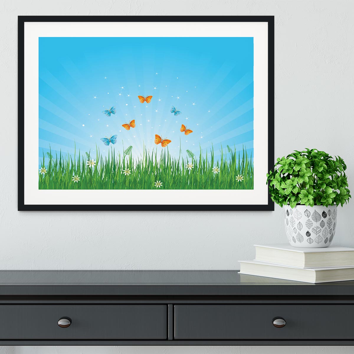 illustration of grassy field and butterflies Framed Print - Canvas Art Rocks - 1