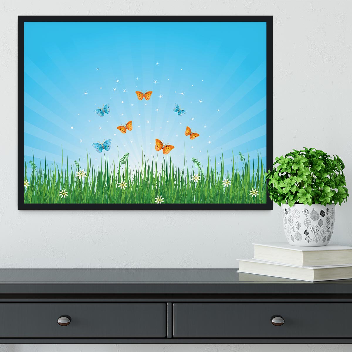 illustration of grassy field and butterflies Framed Print - Canvas Art Rocks - 2