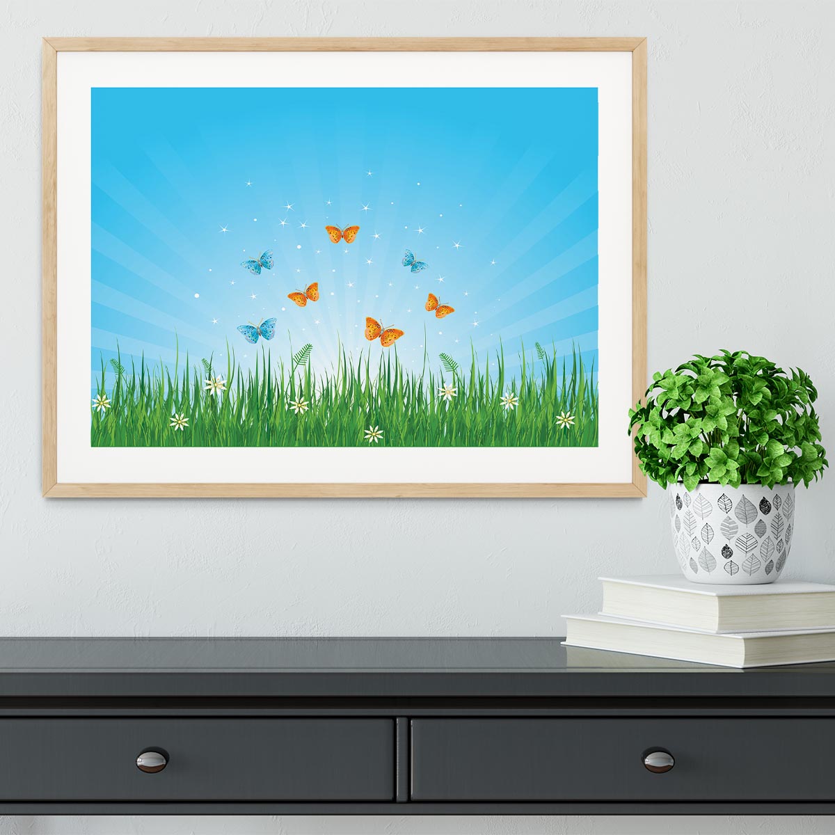 illustration of grassy field and butterflies Framed Print - Canvas Art Rocks - 3