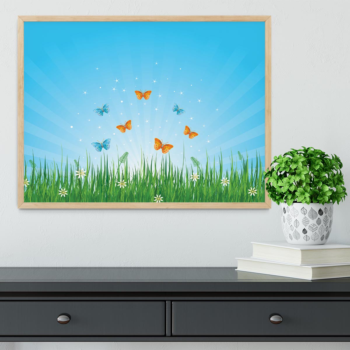 illustration of grassy field and butterflies Framed Print - Canvas Art Rocks - 4