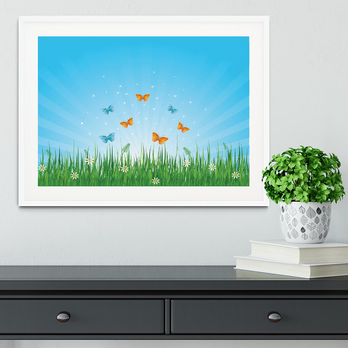 illustration of grassy field and butterflies Framed Print - Canvas Art Rocks - 5