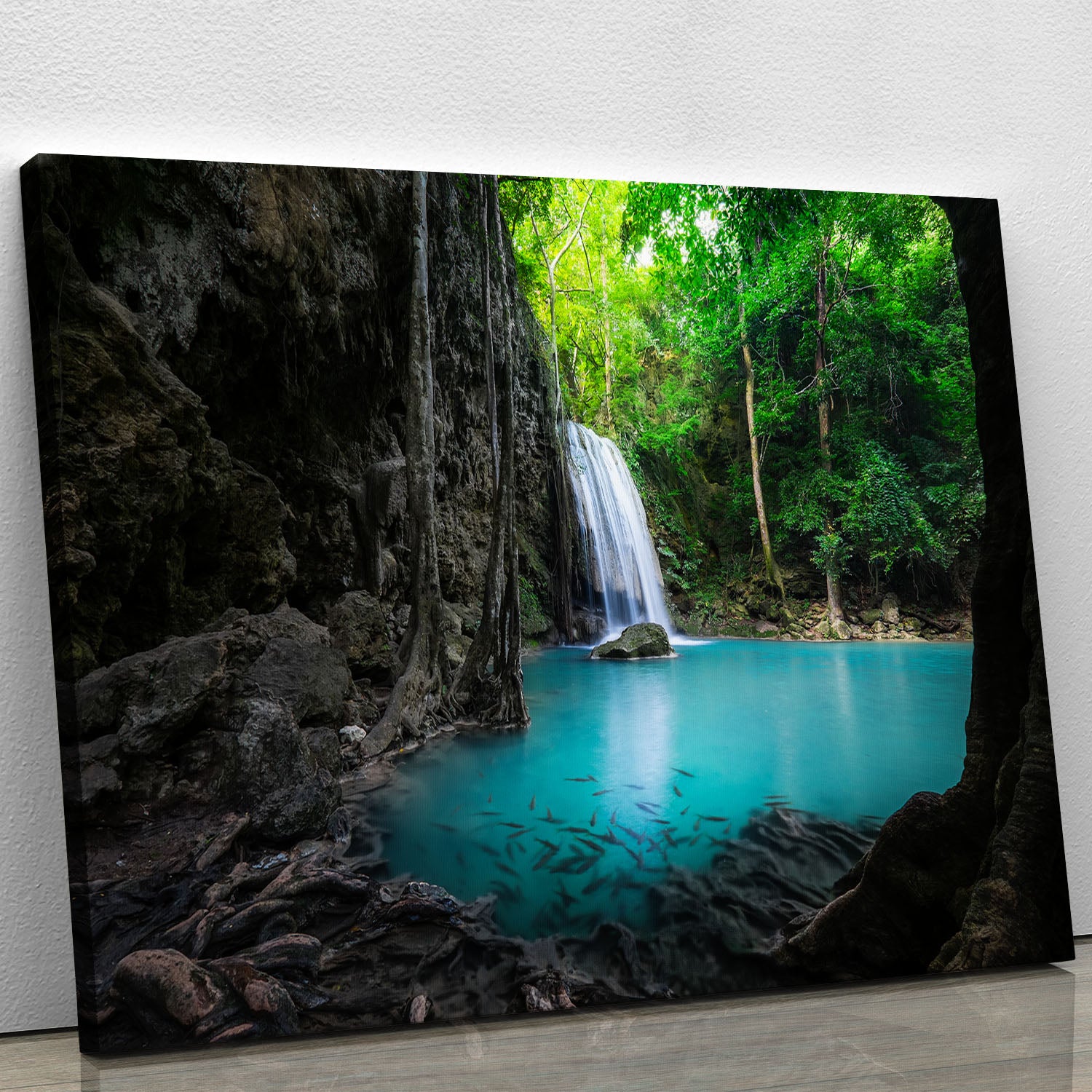 lowing turquoise water of Erawan cascade Canvas Print or Poster - Canvas Art Rocks - 1
