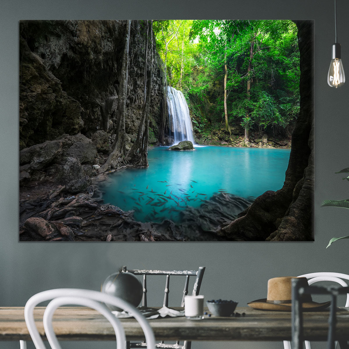 lowing turquoise water of Erawan cascade Canvas Print or Poster - Canvas Art Rocks - 3