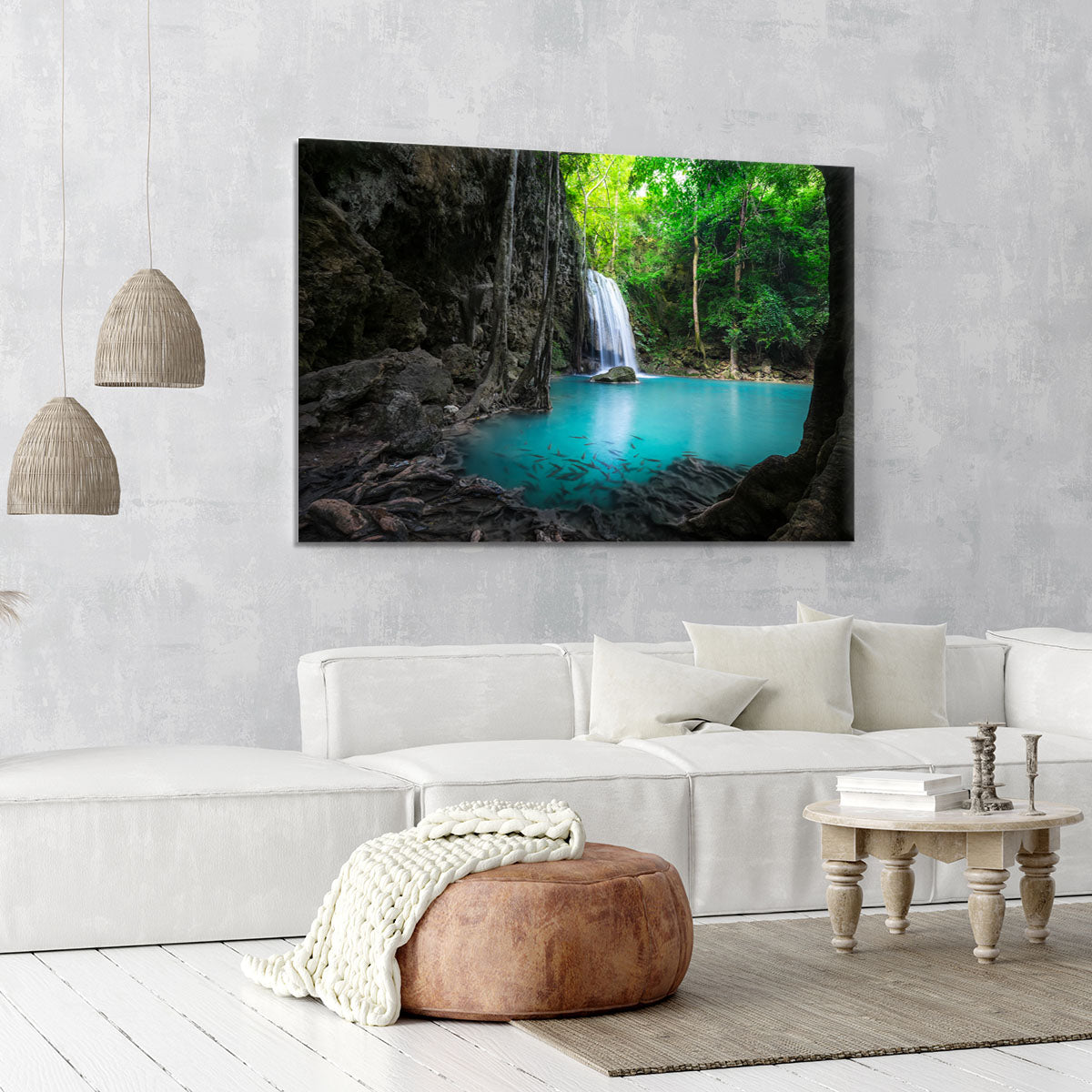lowing turquoise water of Erawan cascade Canvas Print or Poster - Canvas Art Rocks - 6