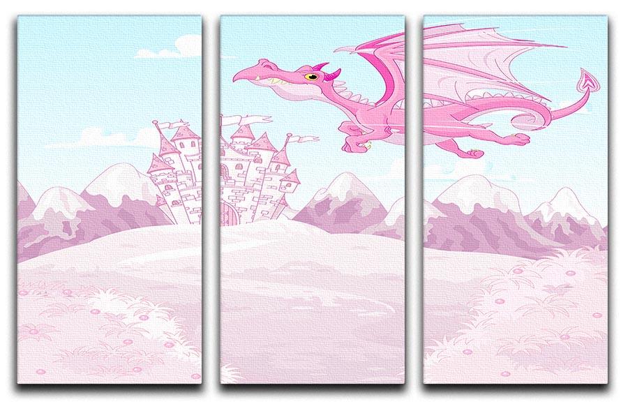 magic dragon on princess castle 3 Split Panel Canvas Print - Canvas Art Rocks - 1