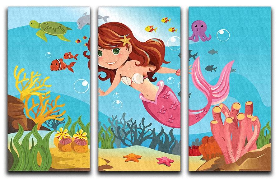 mermaid swimming underwater in the ocean 3 Split Panel Canvas Print - Canvas Art Rocks - 1