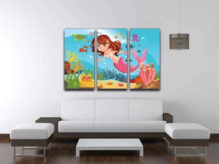 mermaid swimming underwater in the ocean 3 Split Panel Canvas Print - Canvas Art Rocks - 3