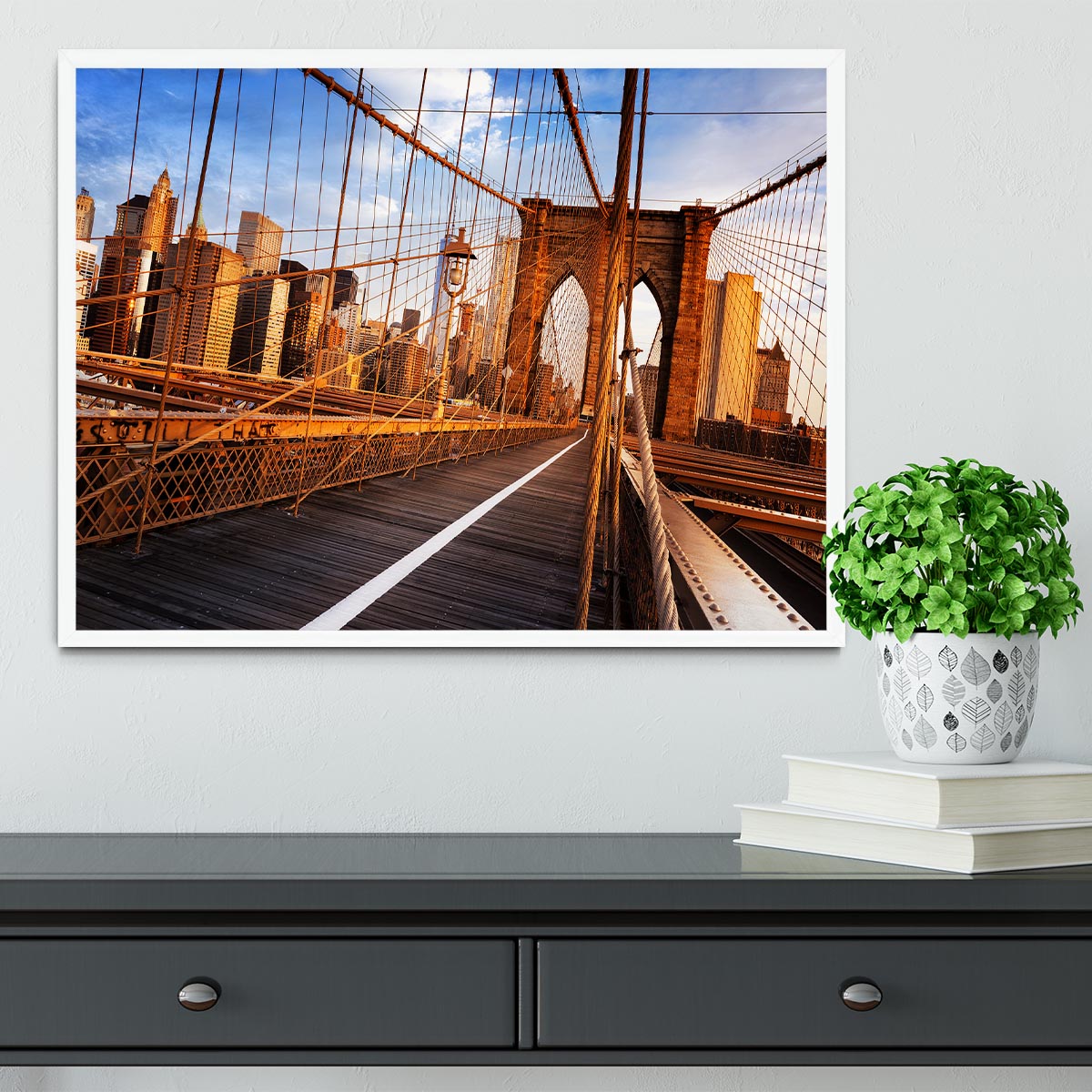 morning on the famous Brooklyn Bridge Framed Print - Canvas Art Rocks -6