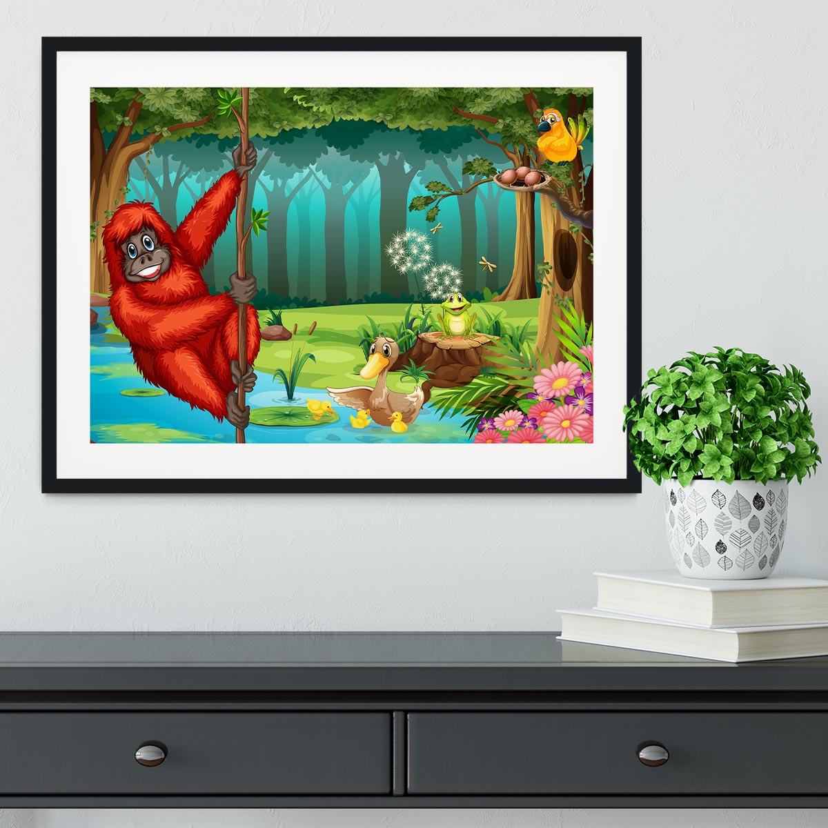 orangutan swinging in the jungle Framed Print - Canvas Art Rocks - 1