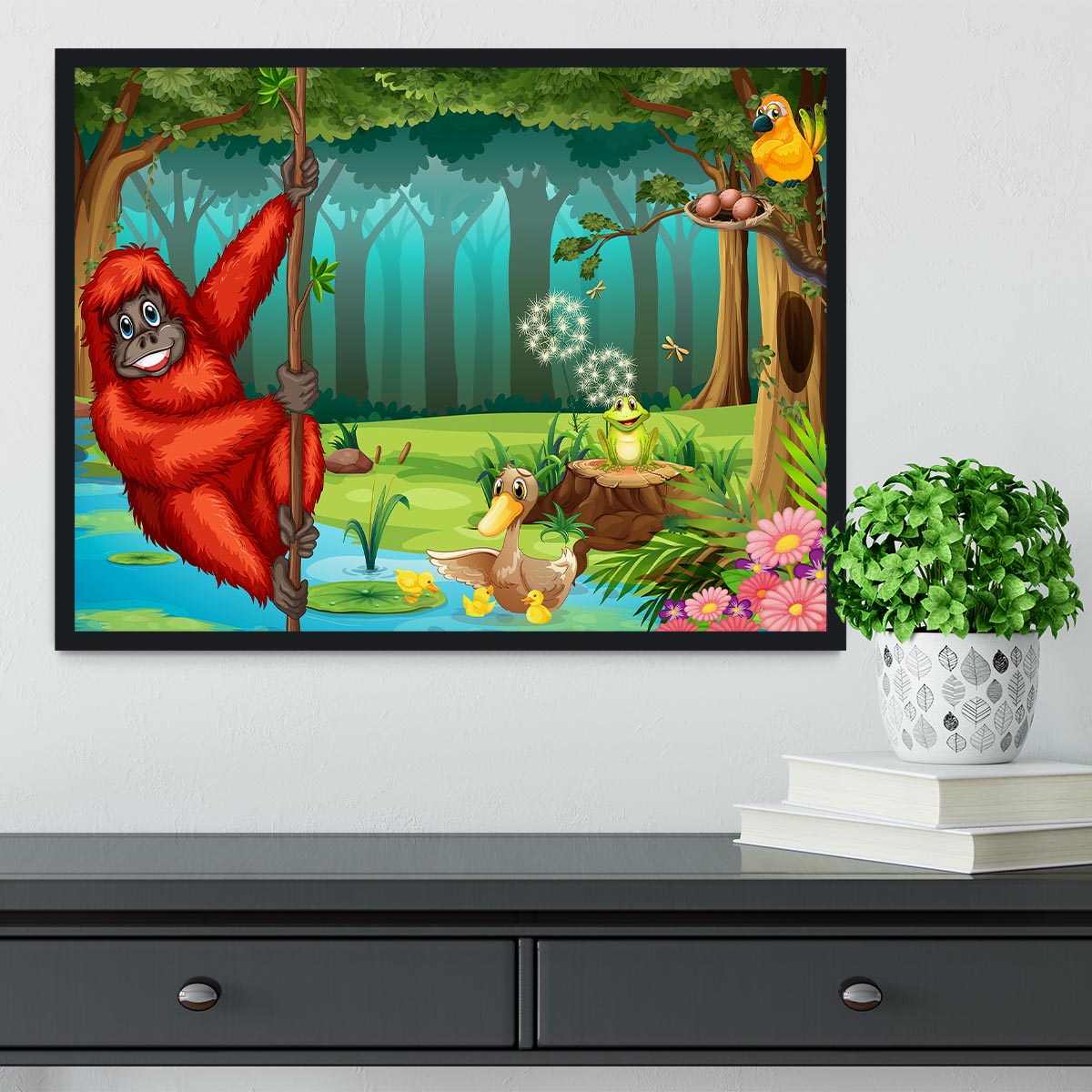 orangutan swinging in the jungle Framed Print - Canvas Art Rocks - 2