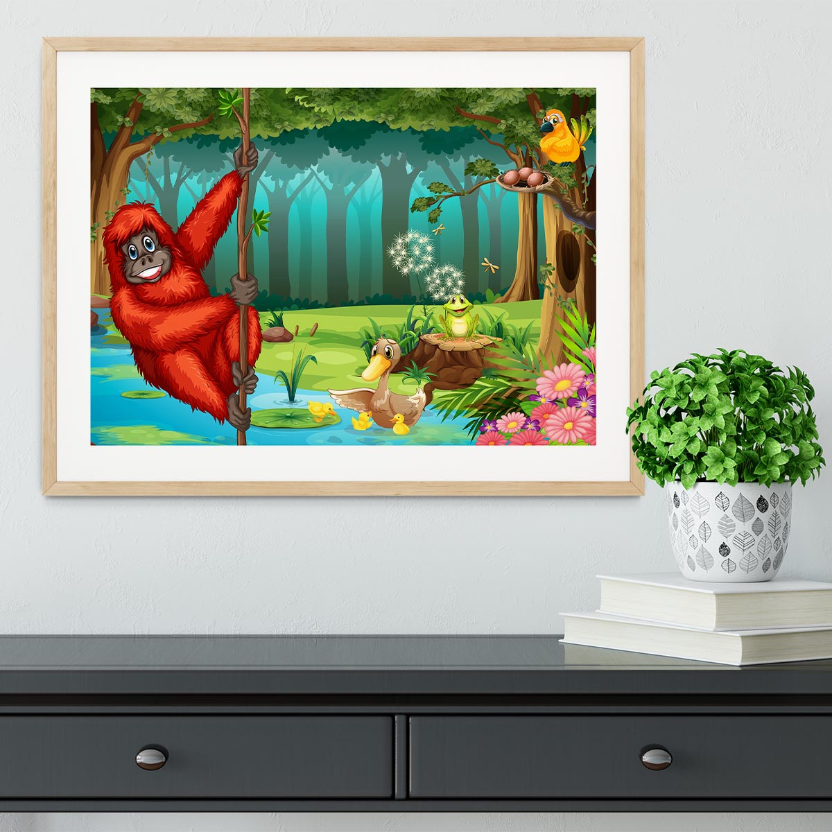 orangutan swinging in the jungle Framed Print - Canvas Art Rocks - 3