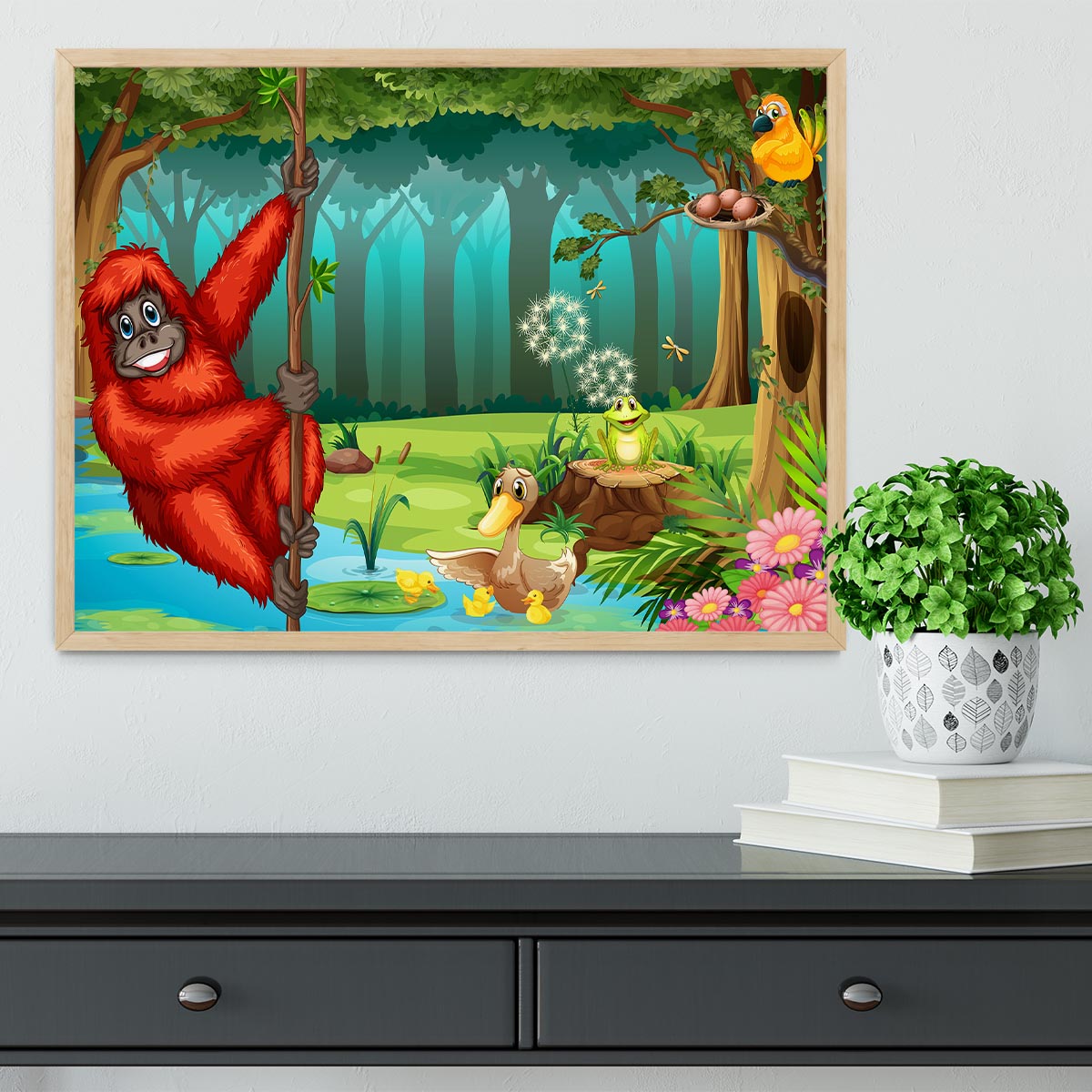 orangutan swinging in the jungle Framed Print - Canvas Art Rocks - 4