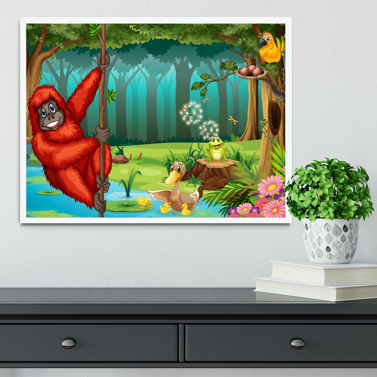 orangutan swinging in the jungle Framed Print - Canvas Art Rocks -6