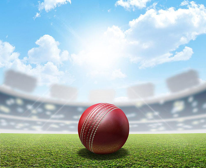 red leather cricket ball on green grass Wall Mural Wallpaper