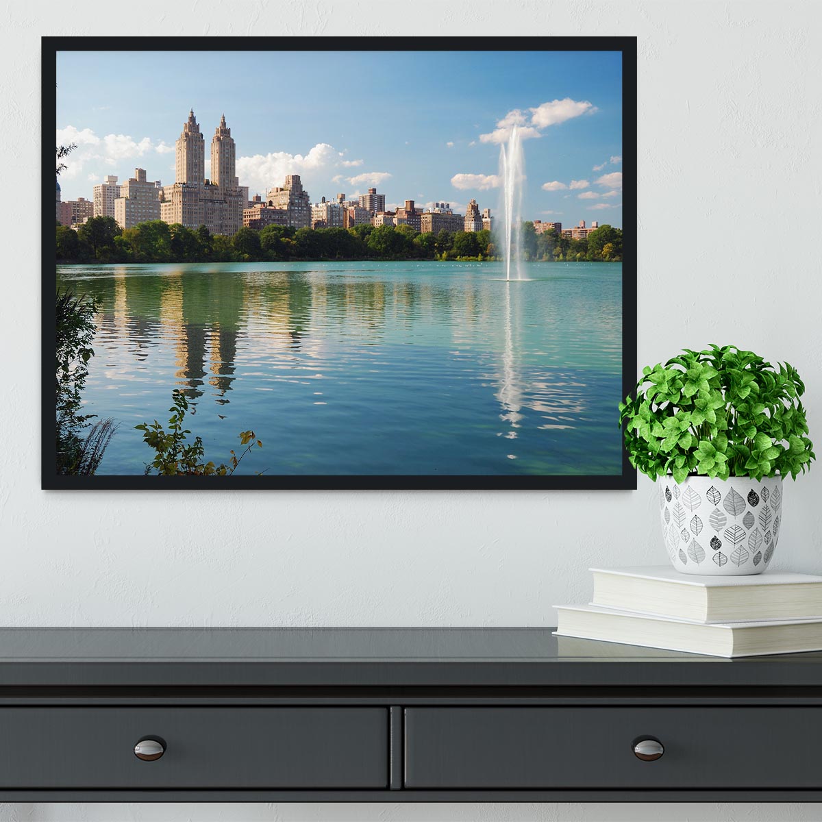skyline with skyscrapers and trees lake reflection Framed Print - Canvas Art Rocks - 2