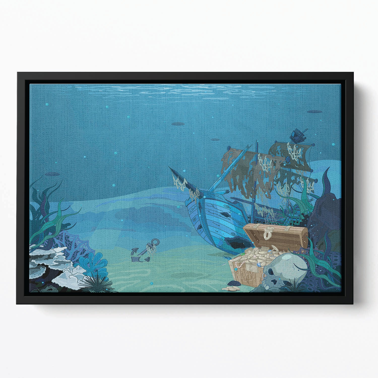 sunken sailboat on seabed background Floating Framed Canvas