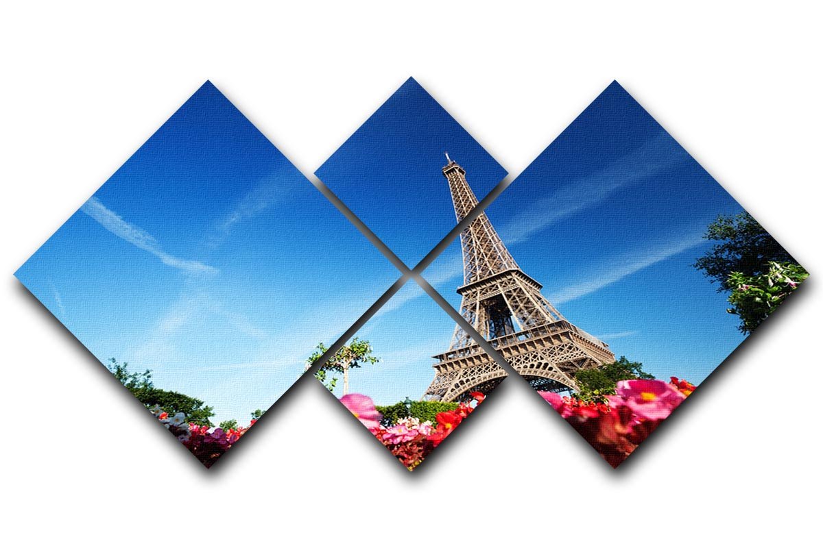 sunny morning flowers and Eiffel Tower 4 Square Multi Panel Canvas  - Canvas Art Rocks - 1