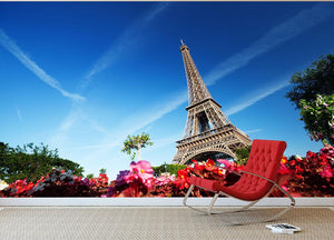 sunny morning flowers and Eiffel Tower Wall Mural Wallpaper - Canvas Art Rocks - 2