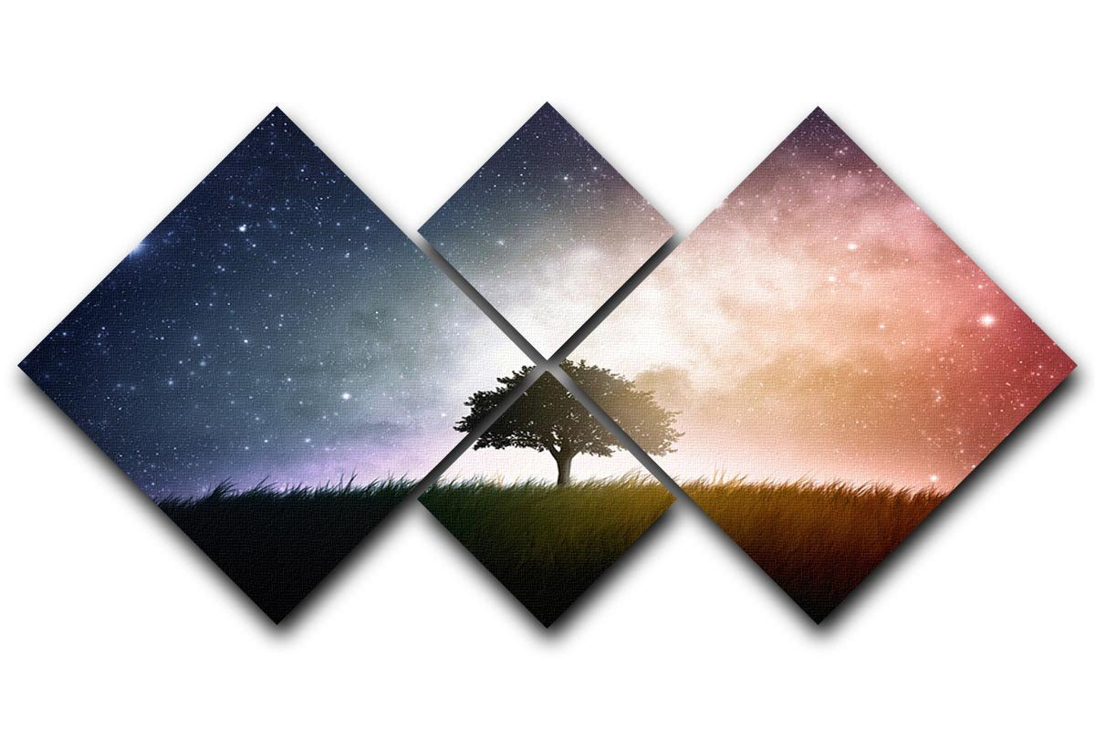 tree in a field with beautiful space background 4 Square Multi Panel Canvas  - Canvas Art Rocks - 1