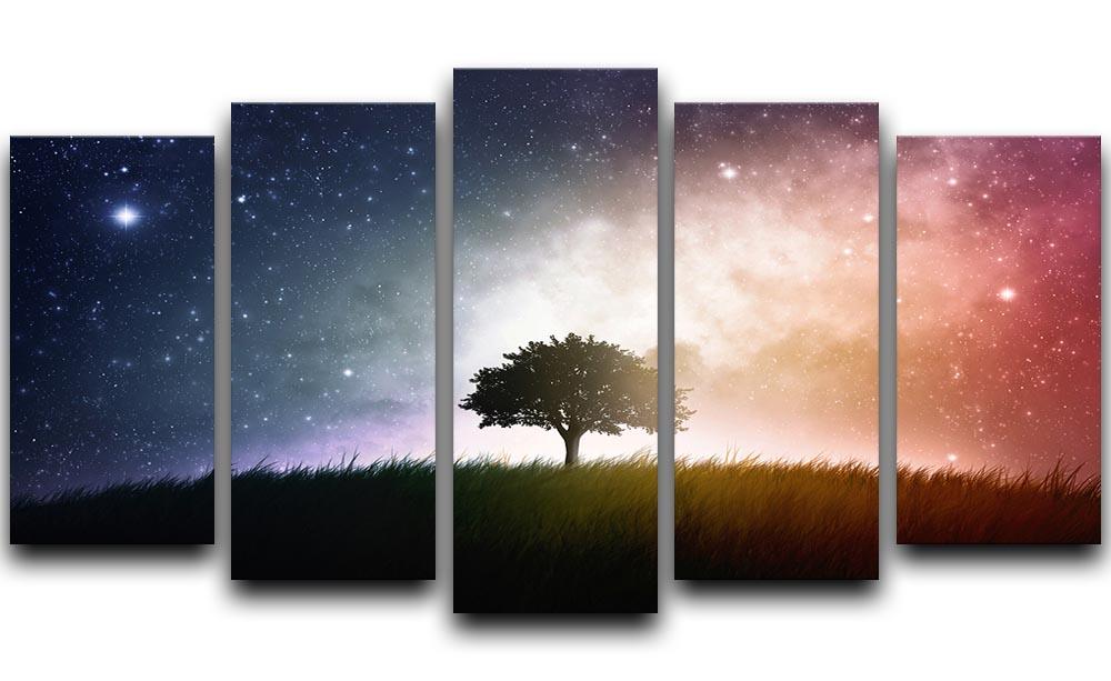 tree in a field with beautiful space background 5 Split Panel Canvas  - Canvas Art Rocks - 1