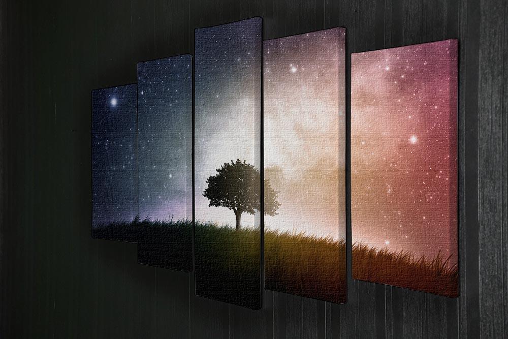tree in a field with beautiful space background 5 Split Panel Canvas - Canvas Art Rocks - 2
