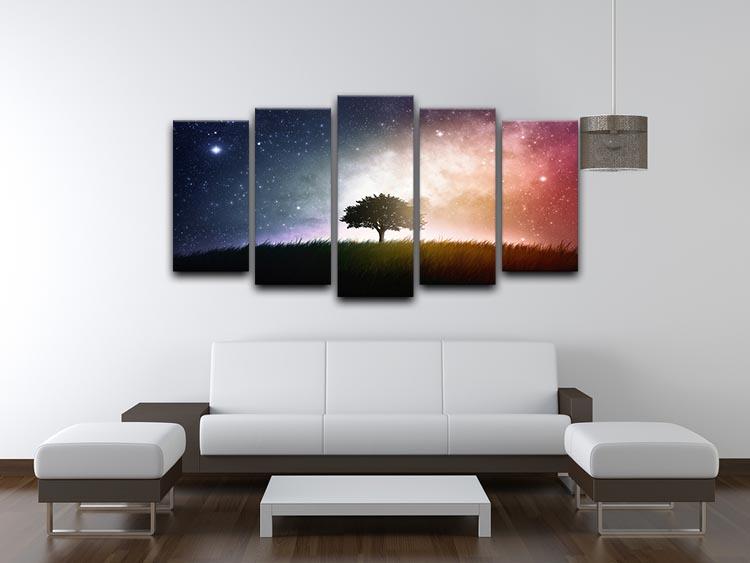 tree in a field with beautiful space background 5 Split Panel Canvas - Canvas Art Rocks - 3