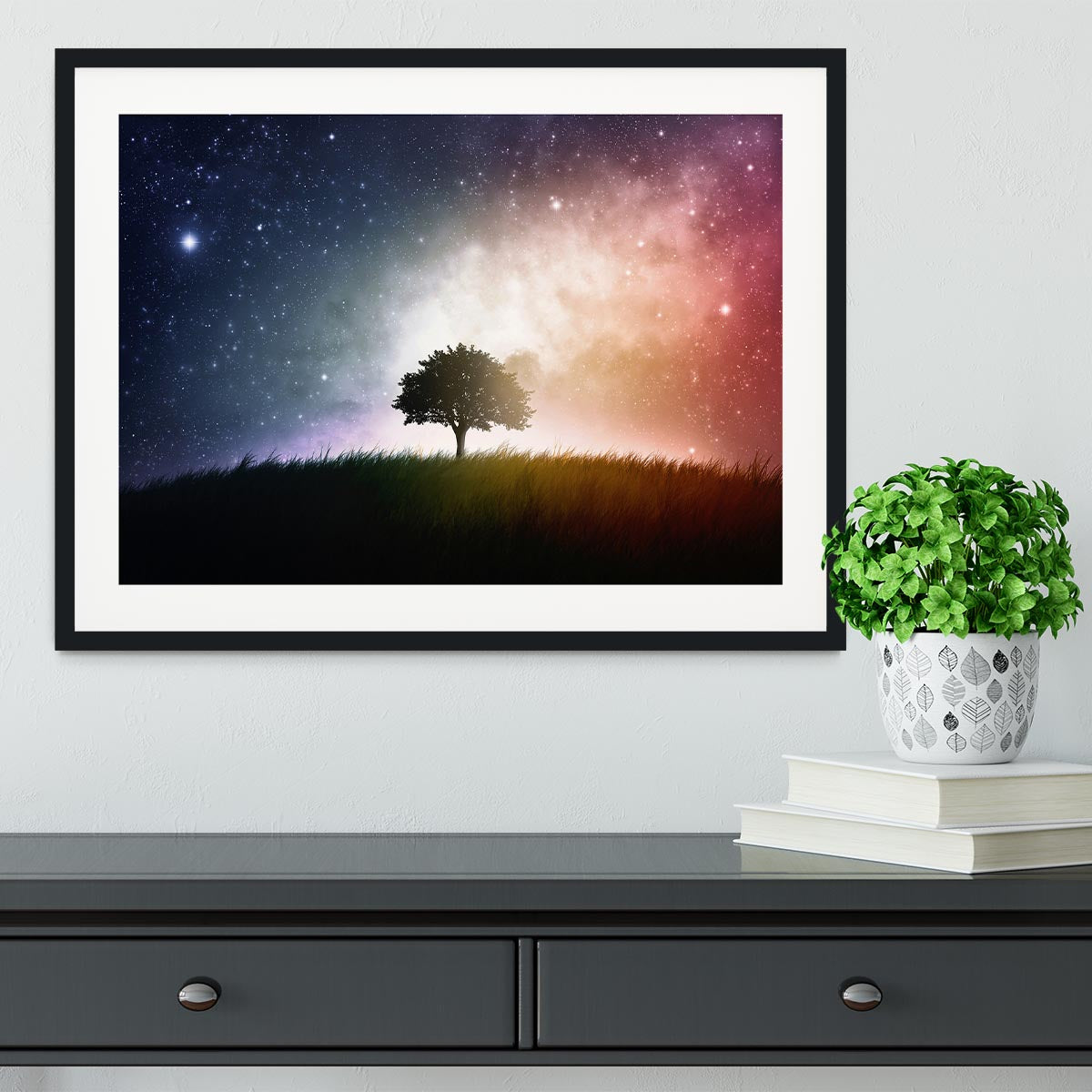 tree in a field with beautiful space background Framed Print - Canvas Art Rocks - 1