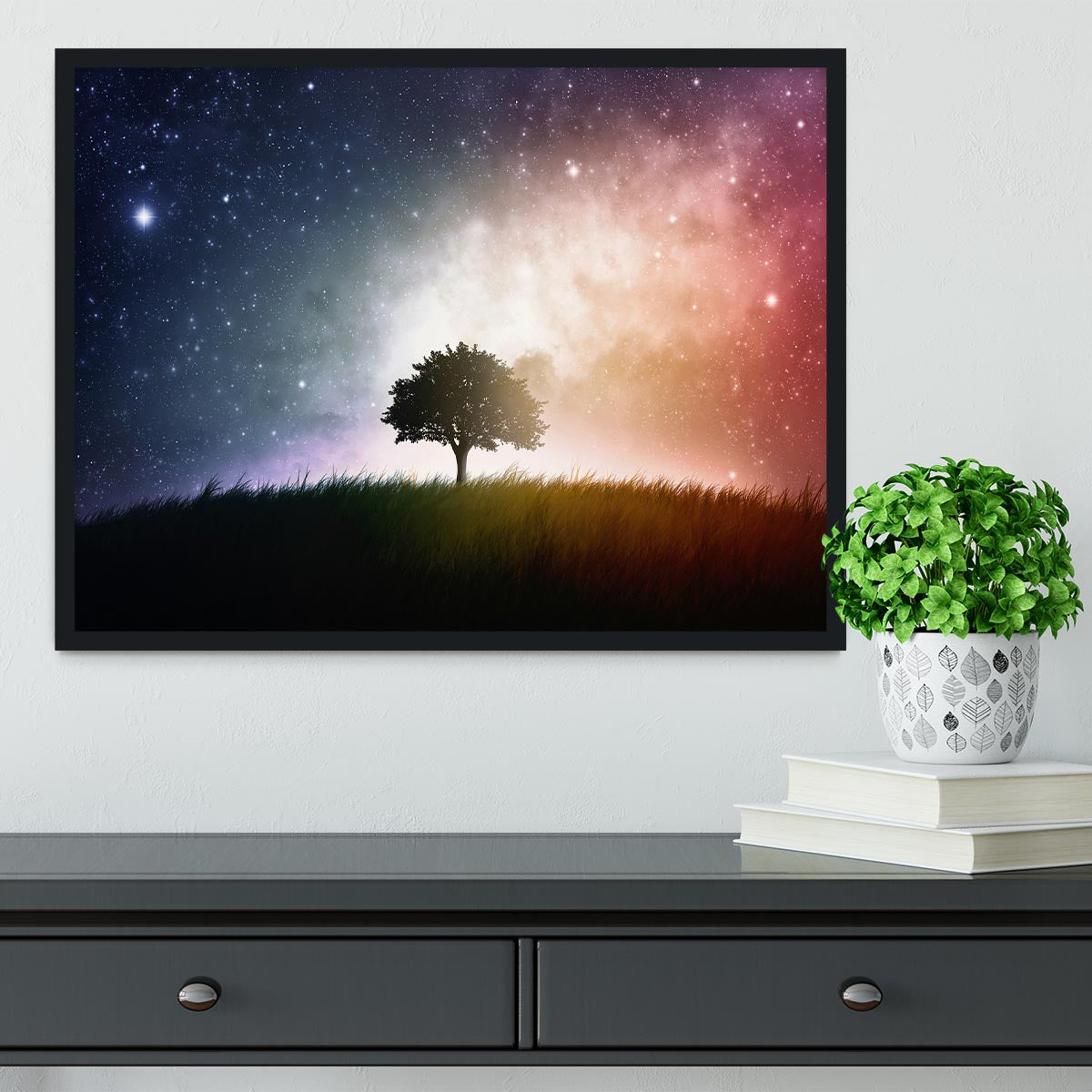 tree in a field with beautiful space background Framed Print - Canvas Art Rocks - 2