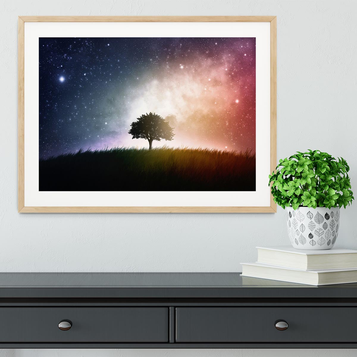tree in a field with beautiful space background Framed Print - Canvas Art Rocks - 3