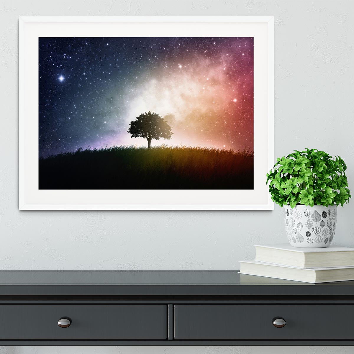 tree in a field with beautiful space background Framed Print - Canvas Art Rocks - 5