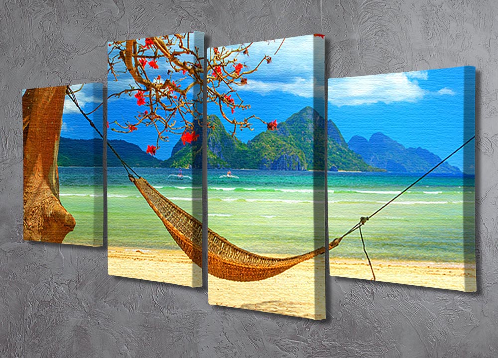 tropical beach scene with hammock 4 Split Panel Canvas - Canvas Art Rocks - 2