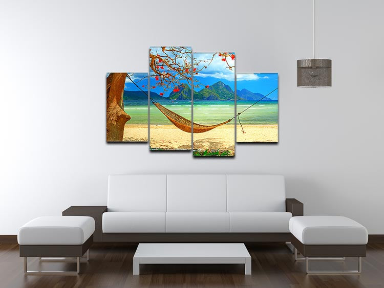 tropical beach scene with hammock 4 Split Panel Canvas - Canvas Art Rocks - 3