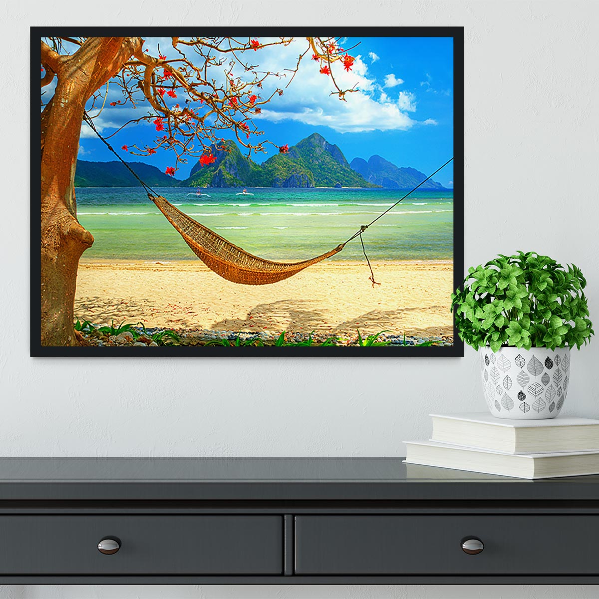 tropical beach scene with hammock Framed Print - Canvas Art Rocks - 2