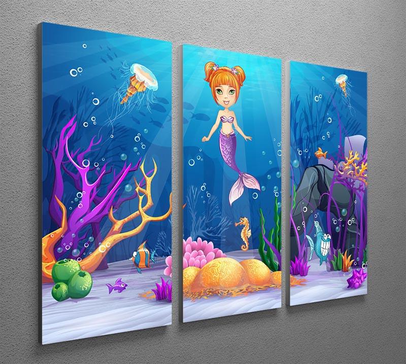 underwater world with a funny fish and a mermaid 3 Split Panel Canvas Print - Canvas Art Rocks - 2