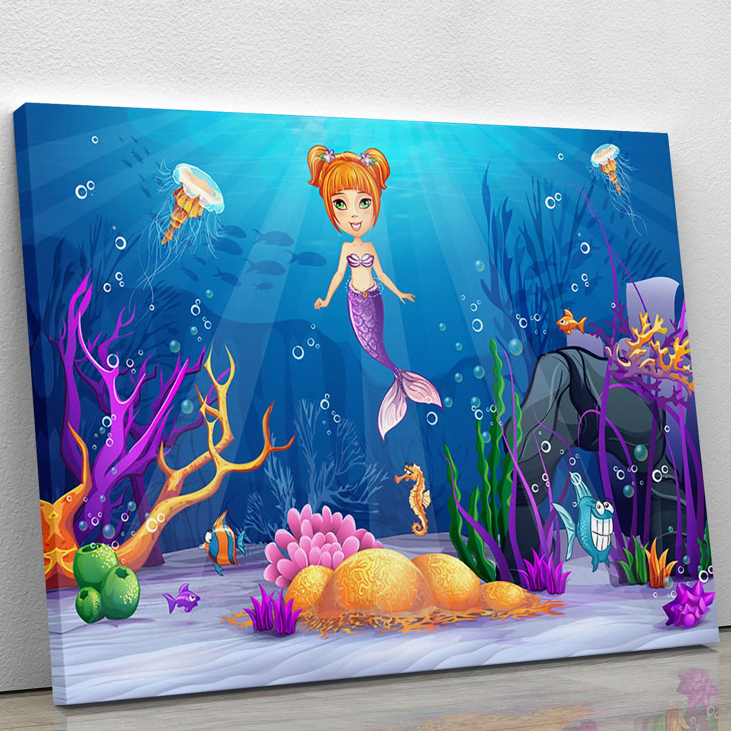 underwater world with a funny fish and a mermaid Canvas Print or Poster - Canvas Art Rocks - 1