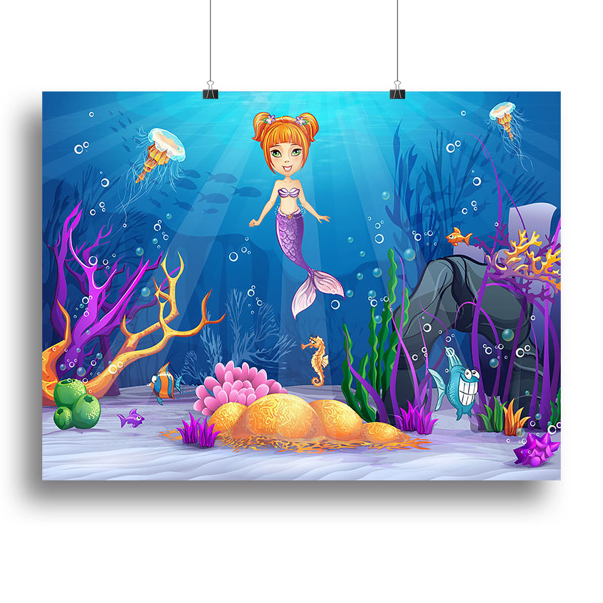 underwater world with a funny fish and a mermaid Canvas Print or Poster - Canvas Art Rocks - 2
