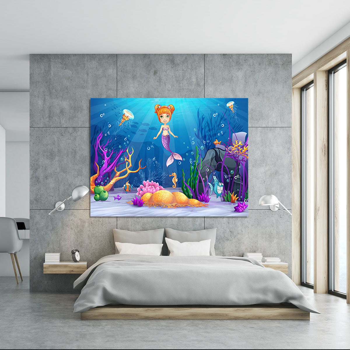 underwater world with a funny fish and a mermaid Canvas Print or Poster - Canvas Art Rocks - 5