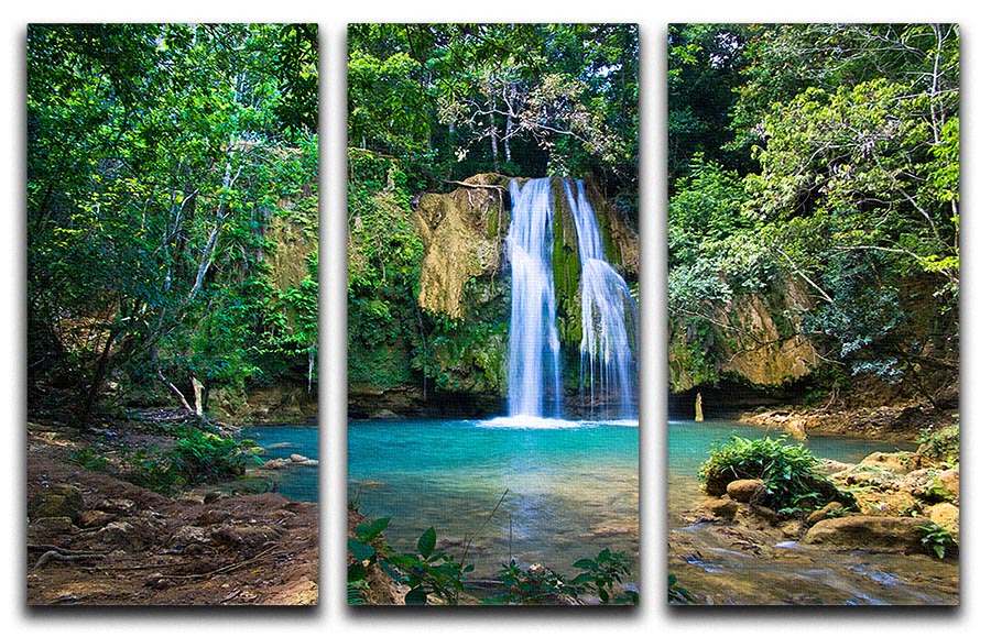 waterfall in deep green forest 3 Split Panel Canvas Print - Canvas Art Rocks - 1