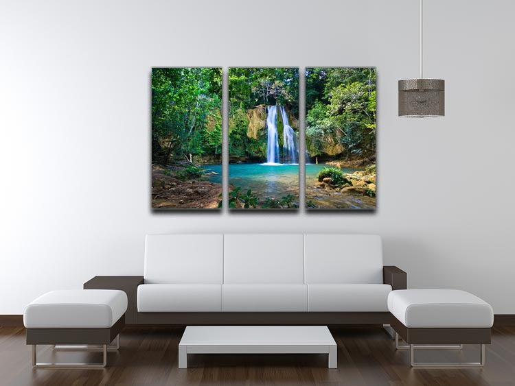 waterfall in deep green forest 3 Split Panel Canvas Print - Canvas Art Rocks - 3