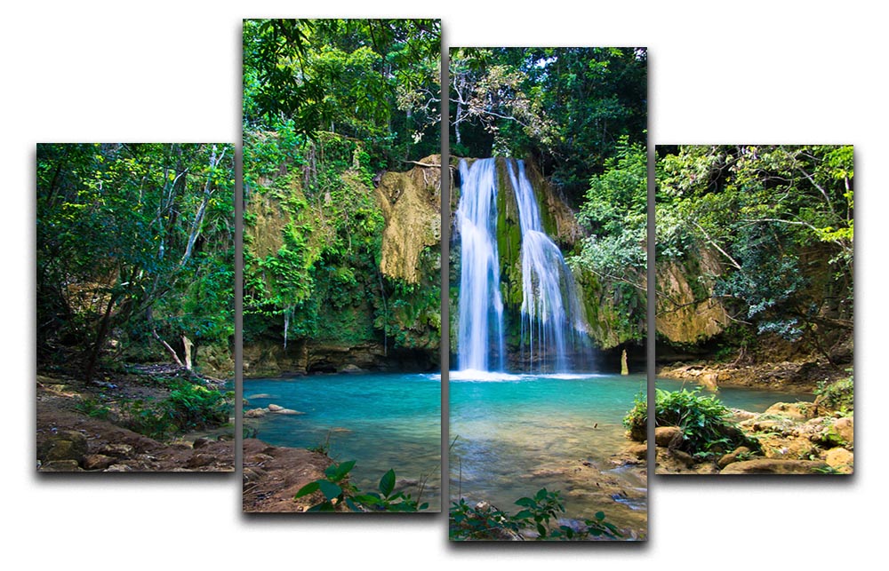 waterfall in deep green forest 4 Split Panel Canvas - Canvas Art Rocks - 1