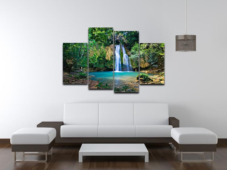 waterfall in deep green forest 4 Split Panel Canvas - Canvas Art Rocks - 3