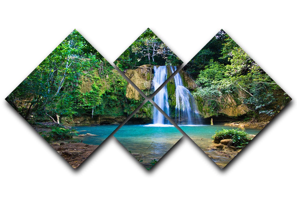 waterfall in deep green forest 4 Square Multi Panel Canvas - Canvas Art Rocks - 1