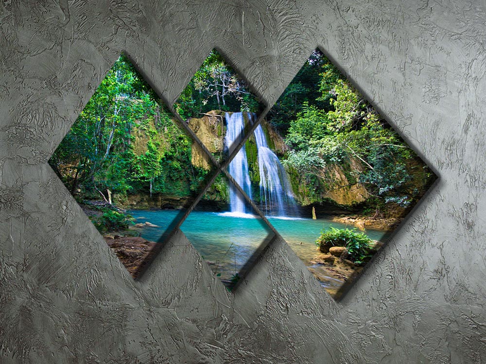 waterfall in deep green forest 4 Square Multi Panel Canvas - Canvas Art Rocks - 2