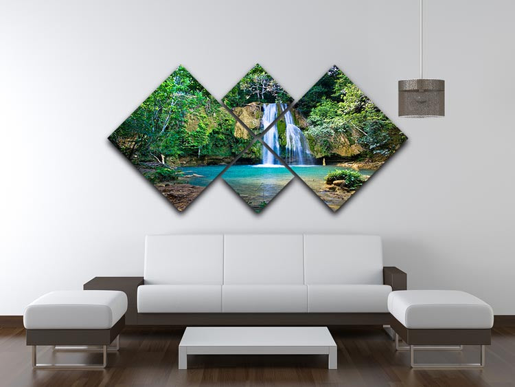waterfall in deep green forest 4 Square Multi Panel Canvas - Canvas Art Rocks - 3
