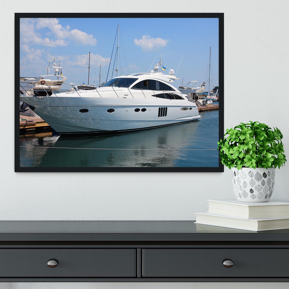 white yacht in marina Framed Print - Canvas Art Rocks - 2