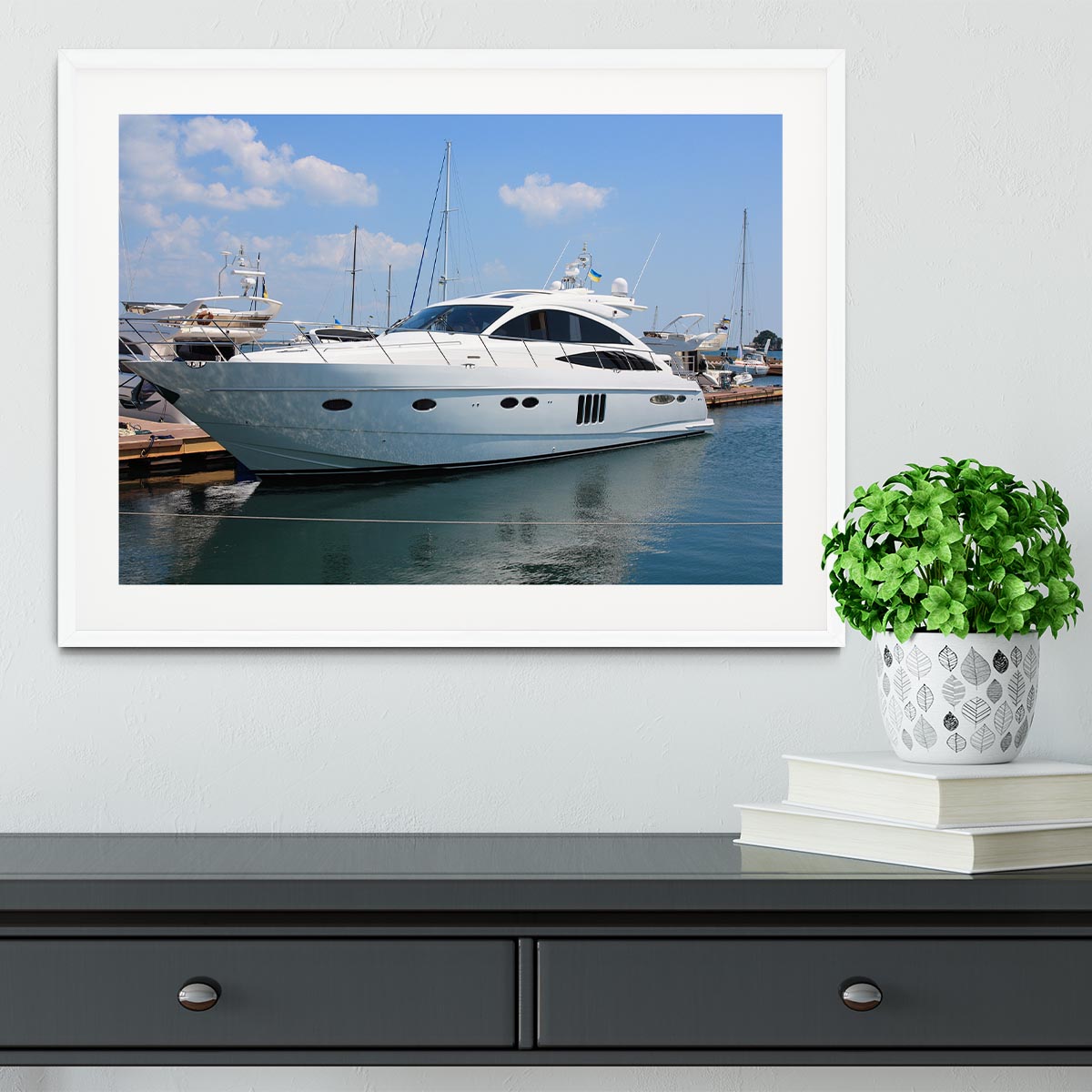 white yacht in marina Framed Print - Canvas Art Rocks - 5